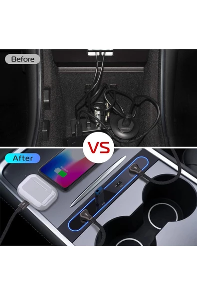 BGZ STORE   Tesla Model 3/Y için USB Şarj Cihazı - Çoklu Bağlantı Noktası ve Mavi LED Işıklı USB Hub - 4