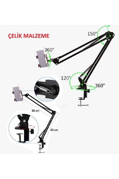 UmoTech   Ayarlanabilir Masaüstü Telefon Tutucu Kol 360° Dönen Esnek ve Dayanıklı Kıskaçlı Stand Siyah - 5