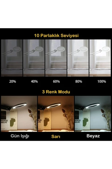 BGZ STORE   Katlanabilir 8x Büyüteçli LED Yüz Bakımı Güzellik Tatto LED Masa Lambası - 3Renk Modu,10 Seviye Işık - 7