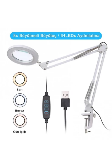 BGZ STORE   Katlanabilir 8x Büyüteçli LED Yüz Bakımı Güzellik Tatto LED Masa Lambası - 3Renk Modu,10 Seviye Işık - 2