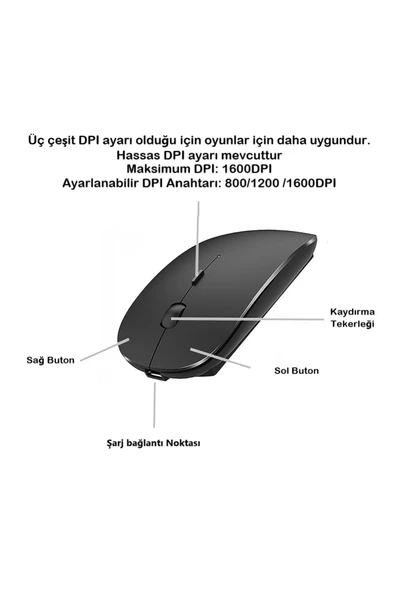 BGZ STORE   Kablosuz Bluetooth Şarjlı 2.4Ghz Mouse Tablet Telefon Pc Uyumlu- Sessiz Tıklama - 5
