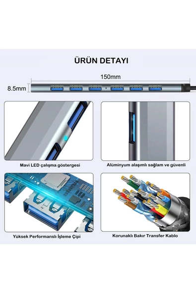 UmoTech   7 Port Usb 3.0 Hub 7in1 Usb 3.0 Hub Çoklayıcı Pc Bilgisayar Uyumlu Veri Aktarımı Mouse Klavye Bağlan - 7