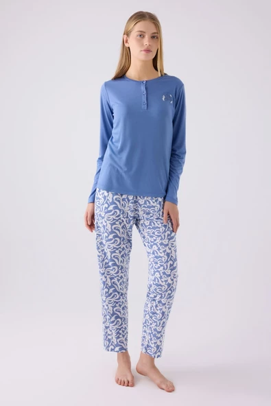 Arnetta Kadın Mavi Uzun Kol Pijama Takım 3069