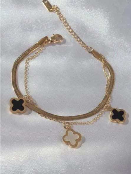 Çelik Gold Renk Mineli Yonca Model Çift İtalyan Zincirli Bileklik