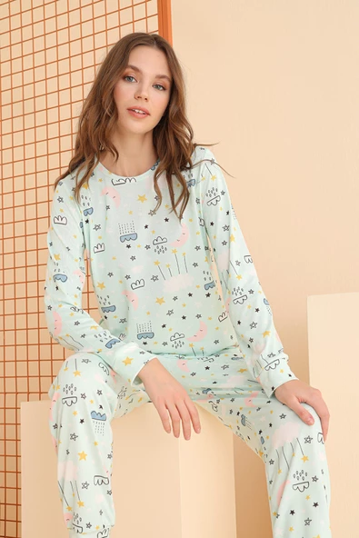 Yeşil Bulut Desenli Pijama Takımı