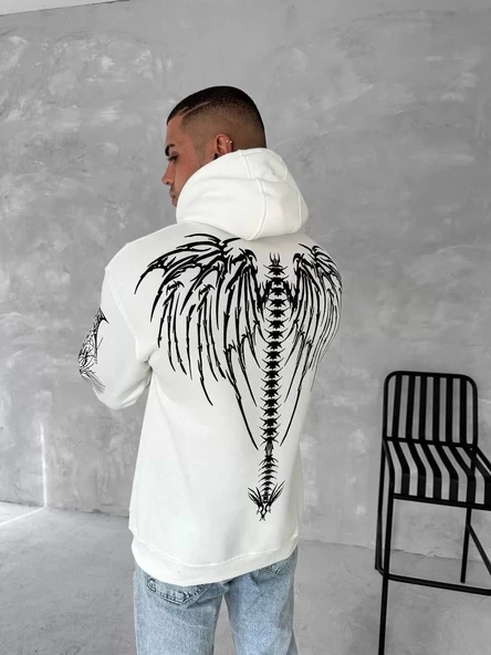 Üç İplik Uzun Kol Kapüşonlu Baskılı SweatShirt - Beyaz