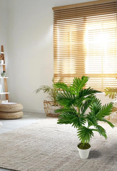 Nettenevime Yapay Çiçek Areka Palmiye Ağacı 85cm 2Dal Salon Çiçeği Beyaz Saksılı Yapay Bitki - Resim 5