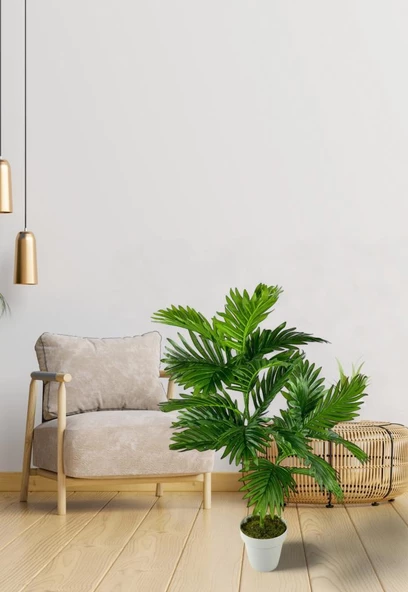 Nettenevime Yapay Çiçek Areka Palmiye Ağacı 85cm 2Dal Salon Çiçeği Beyaz Saksılı Yapay Bitki - Resim 4