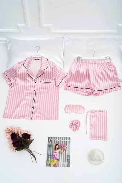 5'li Pembe Beyaz Çizgili Saten Pijama Takımı - 1