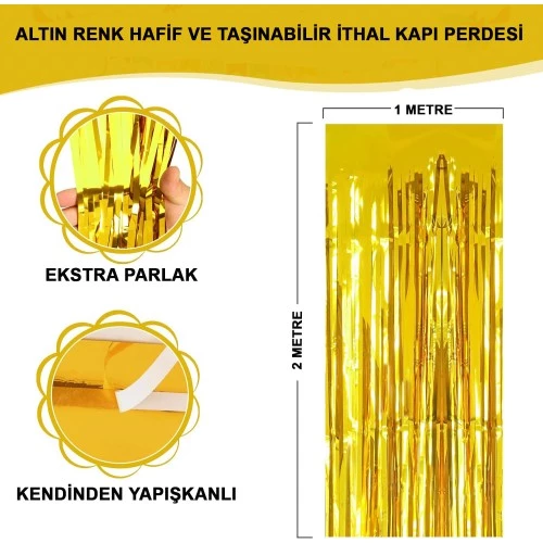 Ekstra Metalize Parlak Saçaklı Arka Fon Perde Gold