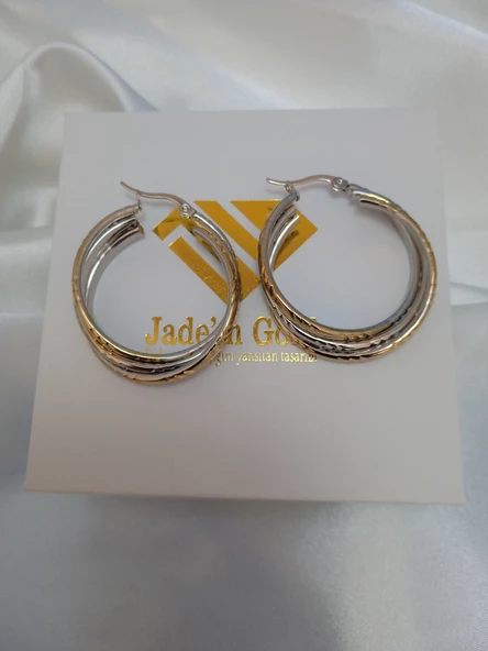 Jadem Gold Çelik iki renk desenli burgu küpe - 3