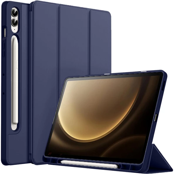 Samsung Galaxy Tab S9 Fe Plus X610 12.4 İnç Kılıf Premium Silikon Kalem Bölmeli Smart Case  Lacivert