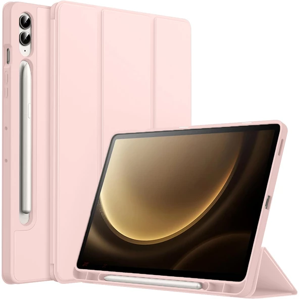 Samsung Galaxy Tab S9 Fe Plus X610 12.4 İnç Kılıf Premium Silikon Kalem Bölmeli Smart Case  Pembe