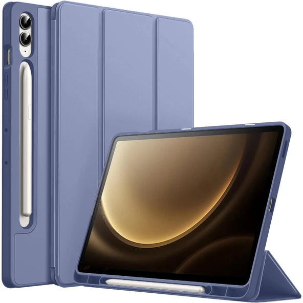 Samsung Galaxy Tab S9 Fe Plus X610 12.4 İnç Kılıf Premium Silikon Kalem Bölmeli Smart Case  Lavanta