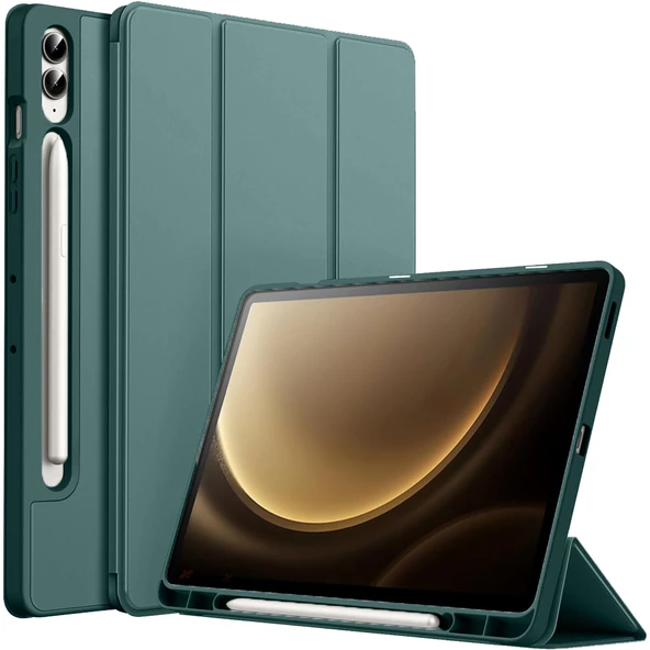 Samsung Galaxy Tab S9 Fe Plus X610 12.4 İnç Kılıf Premium Silikon Kalem Bölmeli Smart Case  Haki