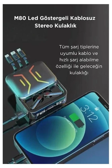 Huawei Nova 11 Pro Uyumlu M80 Powerbank ve Anc özellikli bluetooth kulaklık - 2