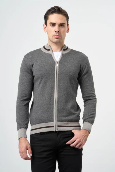 Gri Uzun Kol Düz Örme Dik Yaka Classic Slim Fit Triko 1012245203 - 5