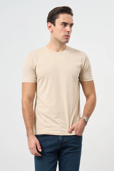 Bej Kısa Kol Düz Bez Ayağı Bisiklet Yaka Casual Slim Fit Tişört 1011240185