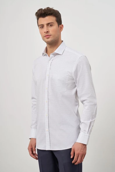 Beyaz Uzun Kol Kareli Desen Yarım İtalyan Yaka Cepli Classic Comfort Fit Gömlek 1004245194 - Resim 4