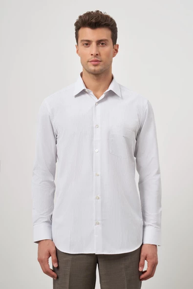 Beyaz Uzun Kol Kendinden Armürlü Cepli Pamuklu Classic Comfort Fit Gömlek 1004245155