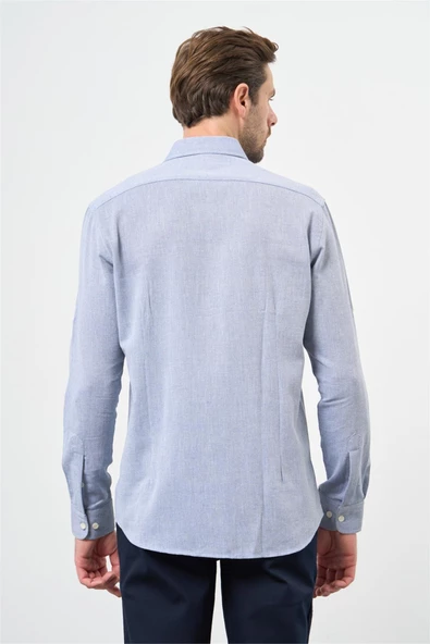 Mavi Kısalabilir Kollu Armürlü Biritli Yaka Pamuklu Casual Slim Fit Dar Kesim Gömlek 1004240202 - Resim 5