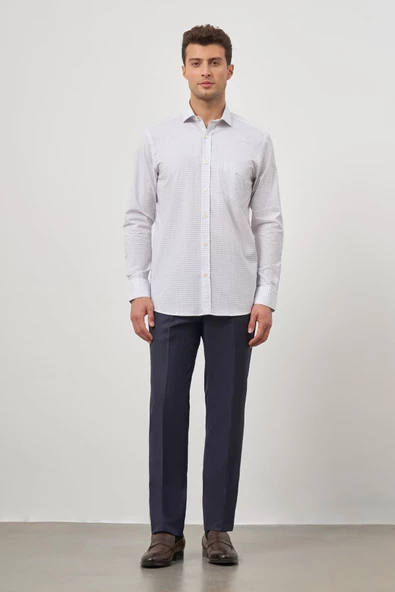 Beyaz Uzun Kol Kareli Desen Yarım İtalyan Yaka Cepli Classic Comfort Fit Gömlek 1004245194 - Resim 2