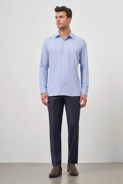 Mavi Uzun Kol Kendinden Desenli Armürlü 041 Sert Yaka Classic Comfort Fit Gömlek 1004245157 - Resim 2