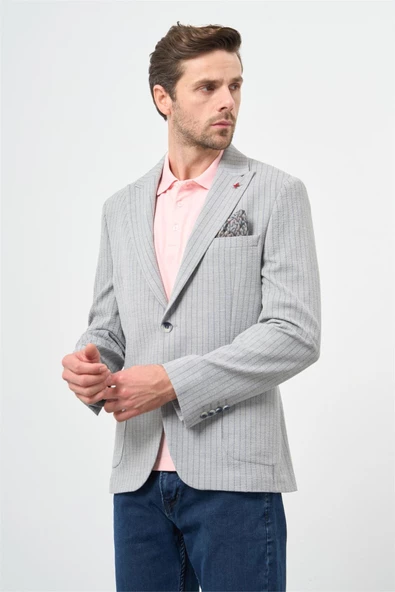 Gri Çizgili Gofreli Kırlangıç Yaka Likralı 6 Drop Slim Fit Dar Kesim Klasik Ceket 1002240111