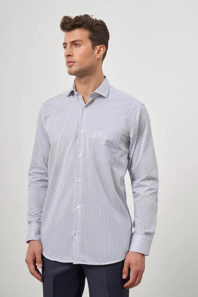 Beyaz Uzun Kol Desen Yarım İtalyan Yaka Cepli Pamuklu Classic Comfort Fit Gömlek 1004245180 - 5