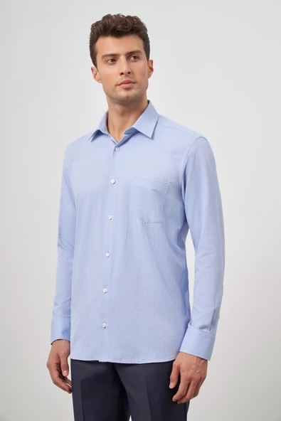 Mavi Uzun Kol Kendinden Desenli Armürlü 041 Sert Yaka Classic Comfort Fit Gömlek 1004245157 - Resim 4
