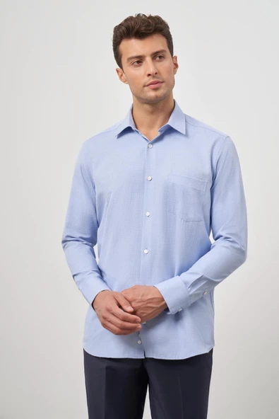 Mavi Uzun Kol Kendinden Desenli Armürlü 041 Sert Yaka Classic Comfort Fit Gömlek 1004245157 - Resim 5