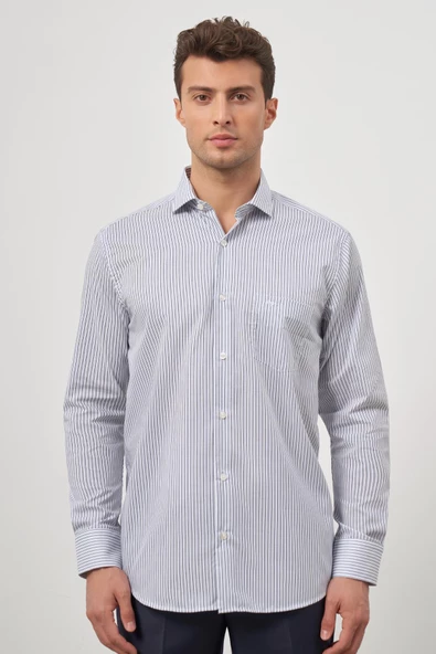 Beyaz Uzun Kol Desen Yarım İtalyan Yaka Cepli Pamuklu Classic Comfort Fit Gömlek 1004245180 - 3