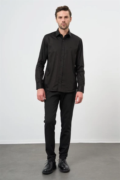 Siyah Uzun Kollu Sert Yaka Cepsiz %100 Pamuk Klasik Slim Fit Dar Kesim Gömlek 1004240324 - 4