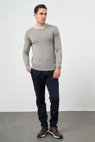 Gri Uzun Kol Düz Örme Bisiklet Yaka Classic Slim Fit Triko 1012245108 - Resim 6