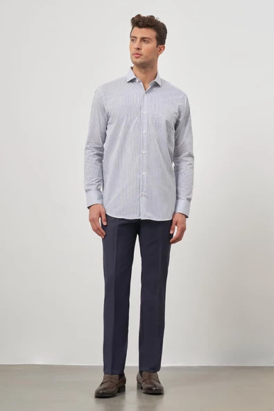 Beyaz Uzun Kol Desen Yarım İtalyan Yaka Cepli Pamuklu Classic Comfort Fit Gömlek 1004245180 - 2
