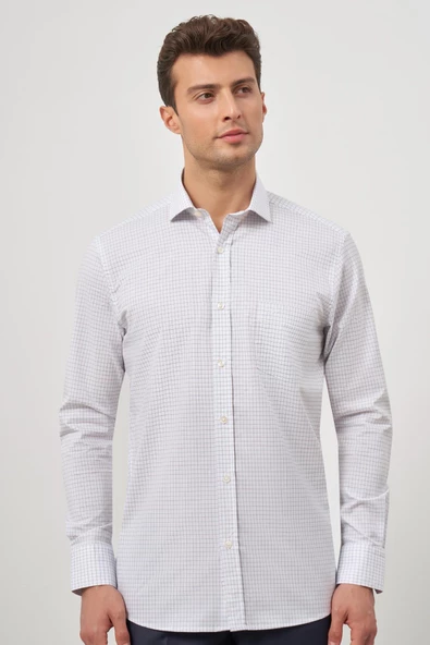 Beyaz Uzun Kol Kareli Desen Yarım İtalyan Yaka Cepli Classic Comfort Fit Gömlek 1004245194 - Resim 3