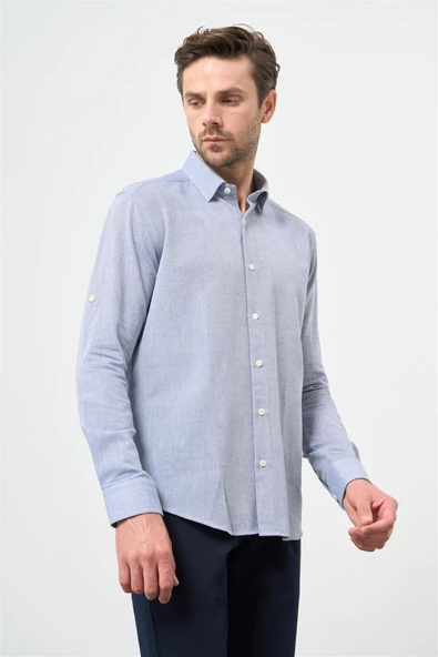 Mavi Kısalabilir Kollu Armürlü Biritli Yaka Pamuklu Casual Slim Fit Dar Kesim Gömlek 1004240202 - Resim 3