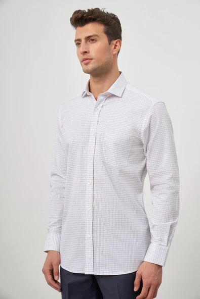 Beyaz Uzun Kol Kareli Desen Yarım İtalyan Yaka Cepli Classic Comfort Fit Gömlek 1004245194