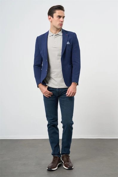 Koyu Lacivert Kareli Mono Yaka Likralı 6 Drop Ekstra Slim Fit Casual Ceket 1002240156 - Resim 2