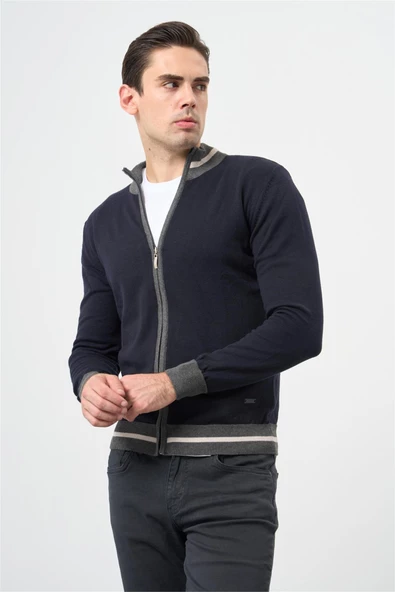 Koyu Lacivert Uzun Kol Düz Örme Dik Yaka Classic Slim Fit Triko 1012245203 - Resim 3