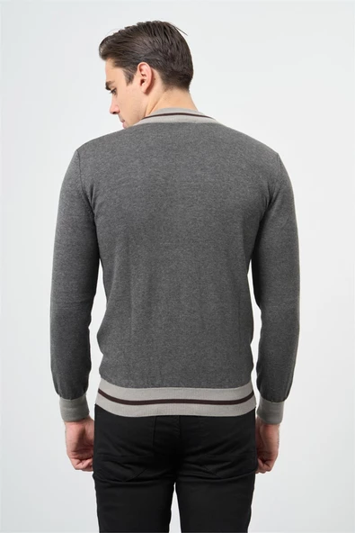 Gri Uzun Kol Düz Örme Dik Yaka Classic Slim Fit Triko 1012245203 - 3