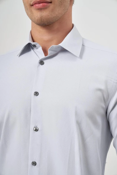 Gri Uzun Kol Kendinden Desenli Armürlü 041 Sert Yaka Classic Comfort Fit Gömlek 1004245154 - Resim 6