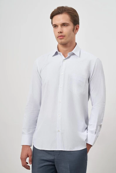 Beyaz Uzun Kol Kareli Desen Bez Ayağı Sert Yaka Cepli Pamuklu Classic Comfort Fit Gömlek 1004245159 - 4