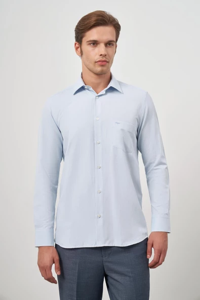 Koyu Mavi Uzun Kol Kendinden Desenli Armürlü 041 Sert Yaka Classic Comfort Fit Gömlek 1004245157 - Resim 5