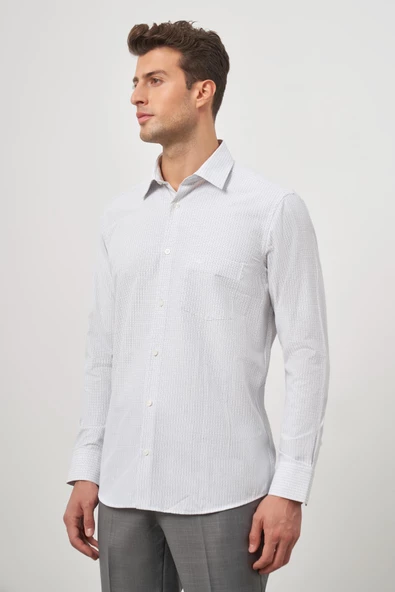 Beyaz Uzun Kol Kareli Desen Bez Ayağı Sert Yaka Cepli Pamuklu Classic Comfort Fit Gömlek 1004245159 - 3