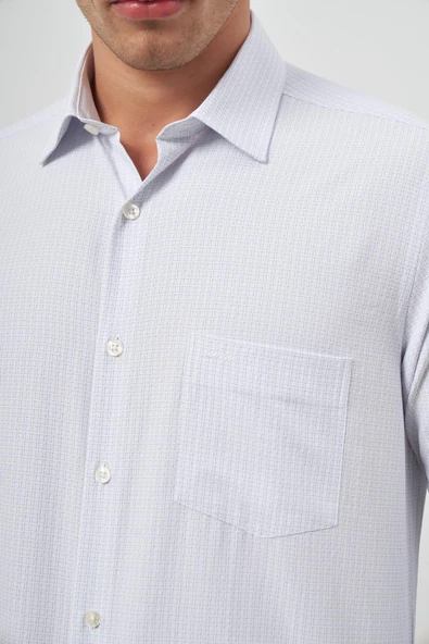 Beyaz Uzun Kol Kareli Desen Bez Ayağı Sert Yaka Cepli Pamuklu Classic Comfort Fit Gömlek 1004245159 - 6