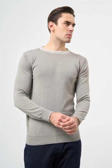 Gri Uzun Kol Düz Örme Bisiklet Yaka Classic Slim Fit Triko 1012245108 - Resim 3