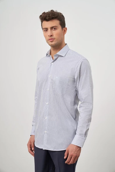 Beyaz Uzun Kol Desen Yarım İtalyan Yaka Cepli Pamuklu Classic Comfort Fit Gömlek 1004245180 - 4