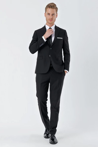 Siyah Gabardin Kırlangıç Yaka 6 Drop Slim Fit Dar Kesim Basic Takım Elbise 1001245011 - 5