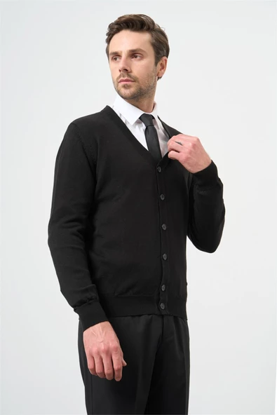 Siyah Uzun Kol Düz Örme V Yaka Classic Comfort Fit Triko 1012245016 - Resim 2